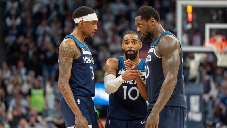 Jaden McDaniels, Julius Randle, Mike Conley - NBA Playoffs - Los Angeles Lakers at Minnesota Timberwolves