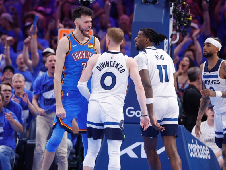 Donte DiVincenzo, Naz Reid - NBA Playoffs - Minnesota Timberwolves at Oklahoma City Thunder