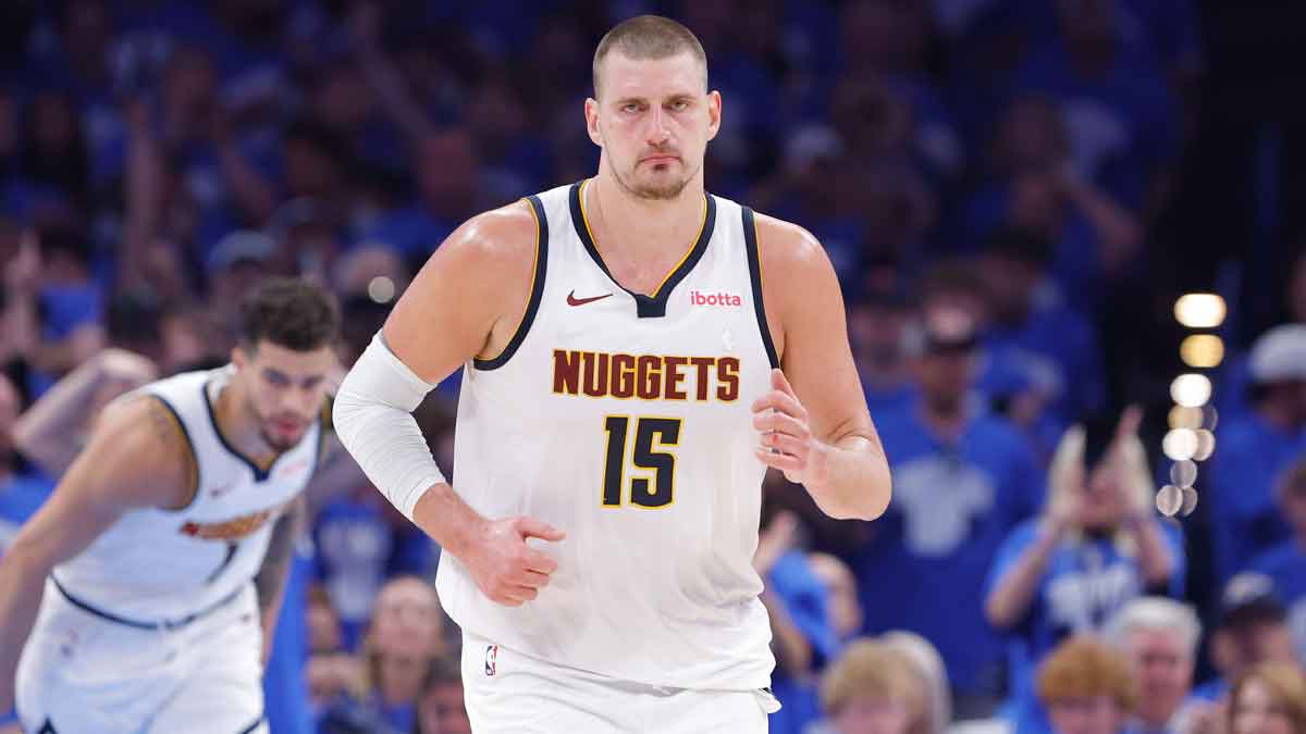 Denver Nuggets center Nikola Jokic (15) runs down the court against the Oklahoma City Thunder in the second quarter during game seven of the second round for the 2025 NBA Playoffs at Paycom Center.