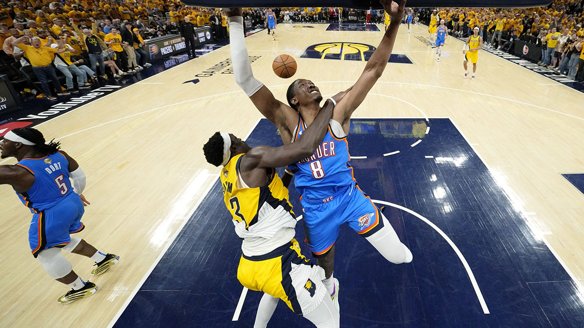 Oklahoma City Thunder forward Jalen Williams (8) collides with Indiana Pacers forward Pascal Siakam (43) during the first half of game six of the 2025 NBA Finals between the Oklahoma City Thunder and the Indiana Pacers at Gainbridge Fieldhouse.