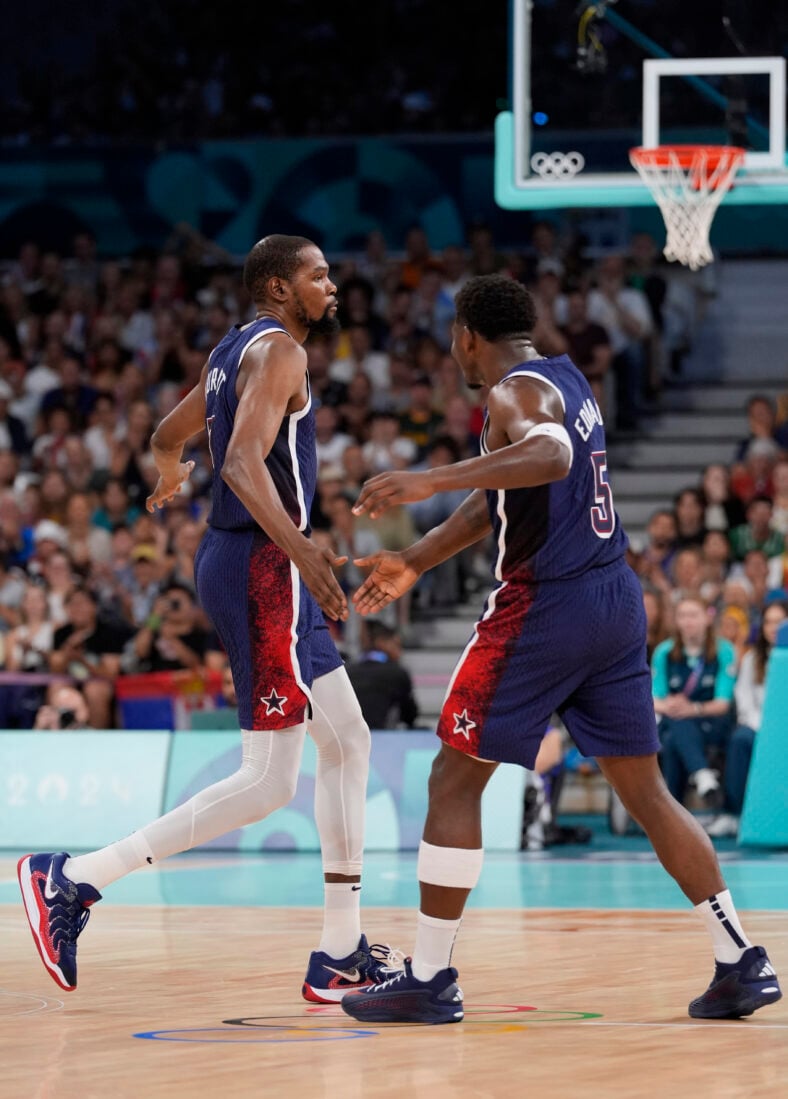 Minnesota Timberwolves guard Anthony Edwards and Phoenix Suns forward Kevin Durant playing together on Team USA at the Olympics.