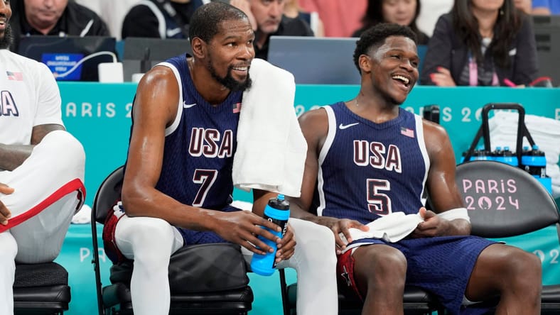 Minnesota Timberwolves Anthony Edwards and Phoenix Suns Kevin Durant - Olympics- Basketball-Men Group C - PUR-USA