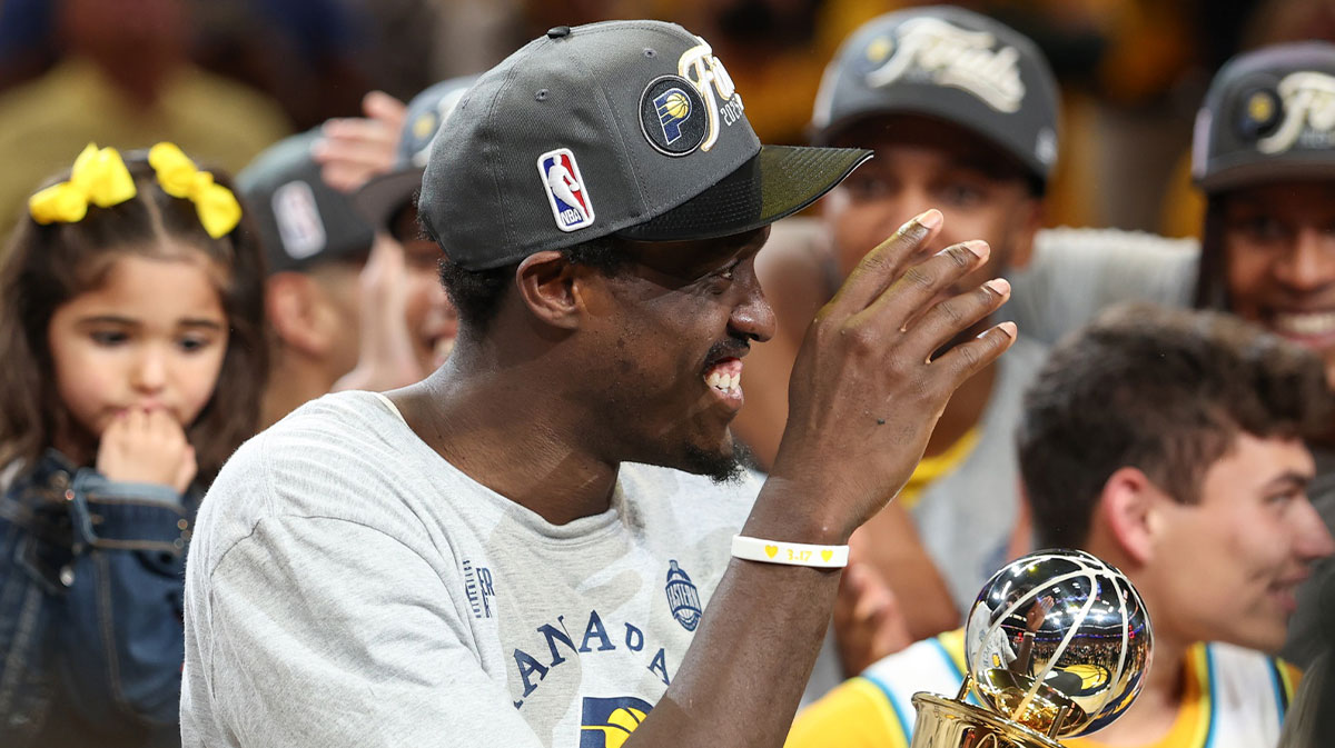 Pacers forward Pascal Siakam (43) reacts after receiving the Larry Bird MVP Trophy after game six of the eastern conference finals against the New York Knicks for the 2025 NBA Playoffs at Gainbridge Fieldhouse