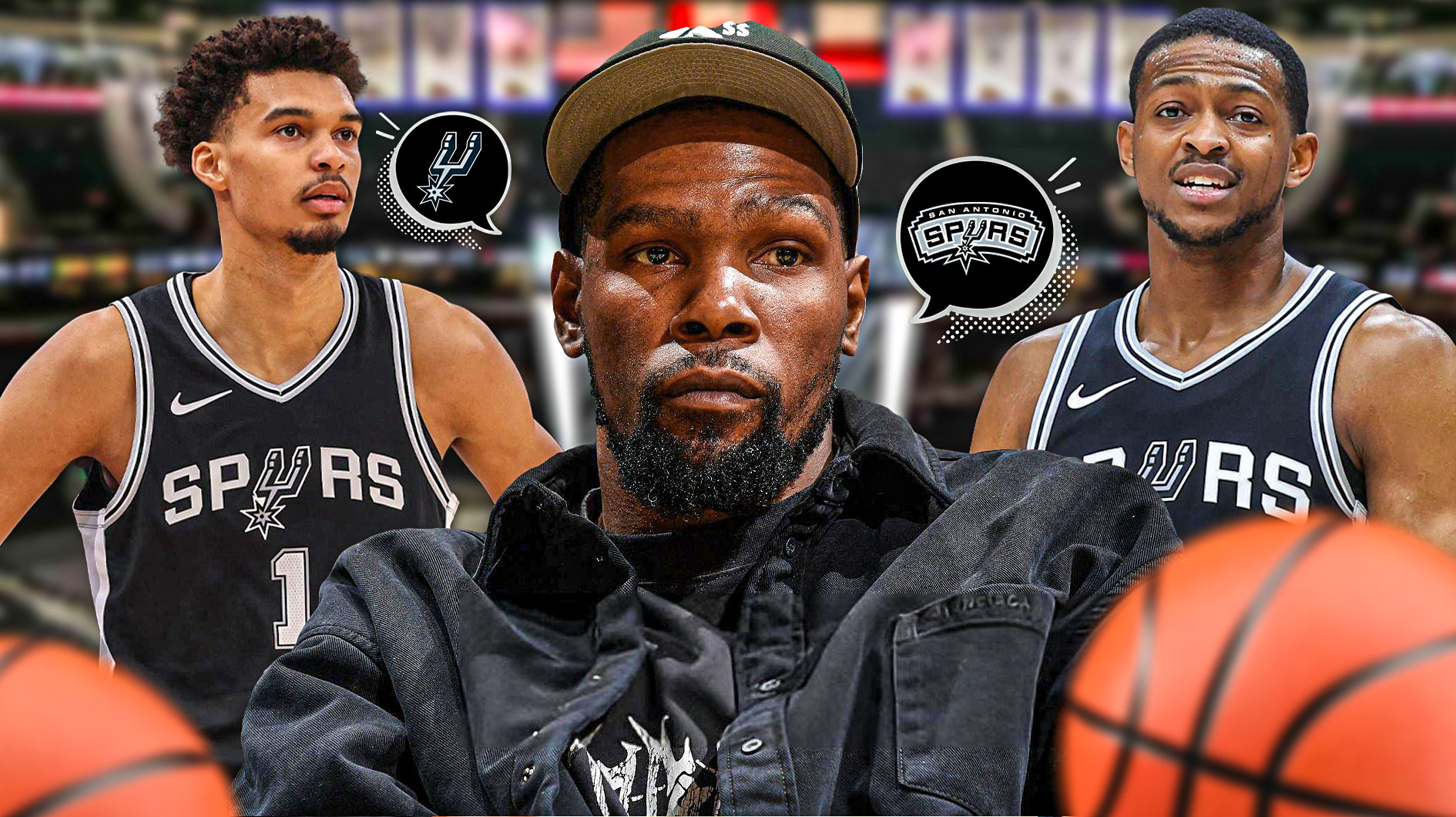 Kevin Durant next to Spurs' De'Aaron Fox and Victor Wembanyama