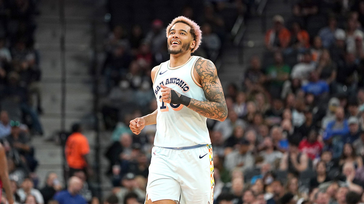 San Antonio Spurs forward Jeremy Sochan (10) reacts during the fourth quarter against the Philadelphia 76ers at Frost Bank Center.