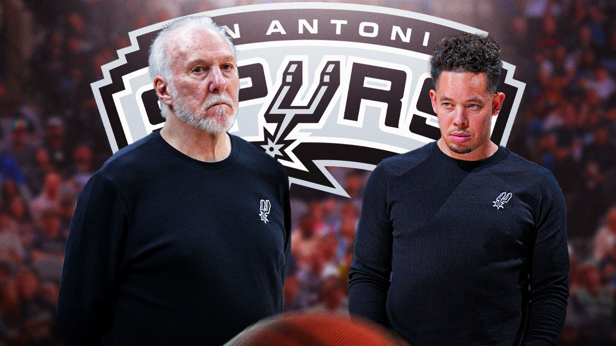 Gregg Popovich image at forefront, Mitch Johnson image in background, Spurs logo