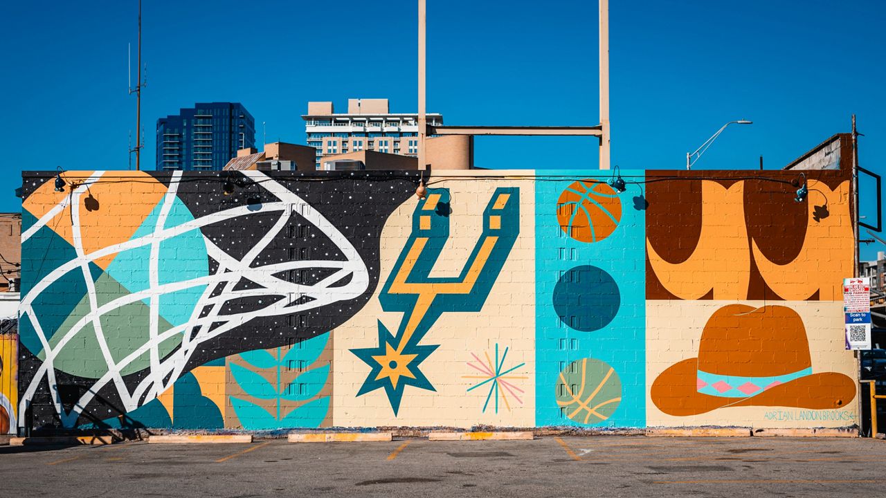 The finished mural created by Austin artist Adrian Landon Brooks for the San Antonio Spurs ahead of the I-35 Series at the Moody Center. (San Antonio Spurs)