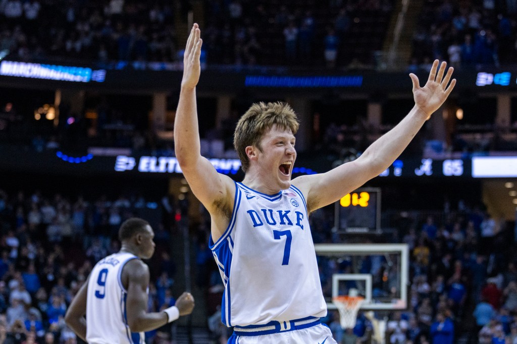 Duke Blue Devils guard Kon Knueppel (7) celebrates their win of the NCAA Division I East Regional Final against the Alabama Crimson Tide at the Prudential Center, Saturday, March 29, 2025, in Newark, NJ. 