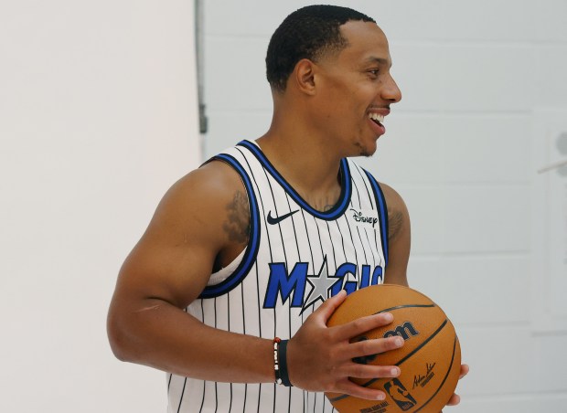 Orlando Magic guard Desmond Bane is introduced during a press...