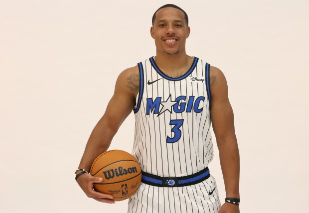 Orlando Magic guard Desmond Bane is introduced during a press...