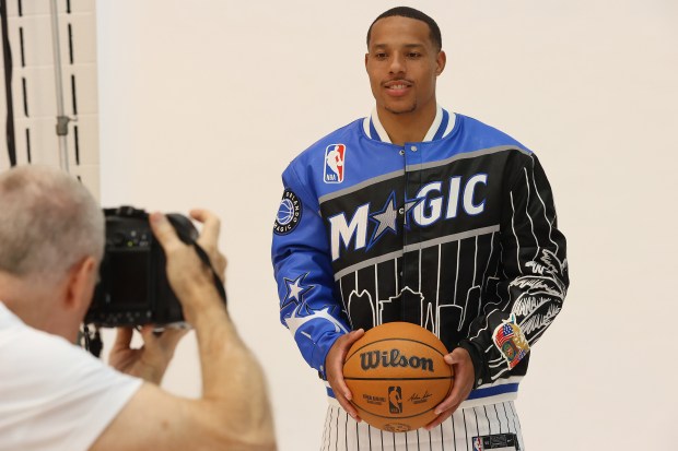 Orlando Magic guard Desmond Bane is introduced during a press...