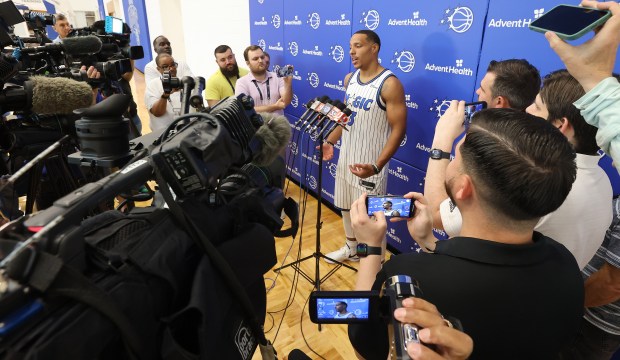 Orlando Magic guard Desmond Bane is introduced during a press...