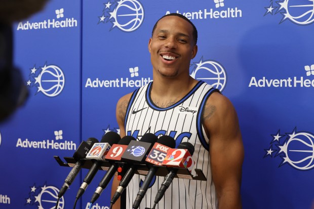 Orlando Magic guard Desmond Bane is introduced during a press...