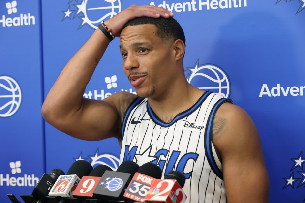Orlando Magic guard Desmond Bane is introduced during a press...