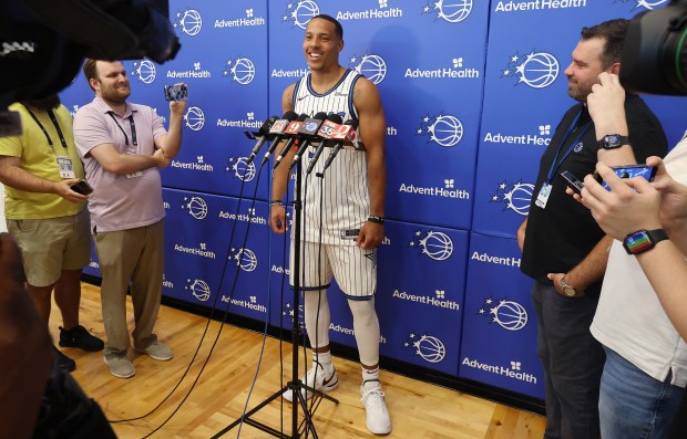 Orlando Magic guard Desmond Bane is introduced during a press...