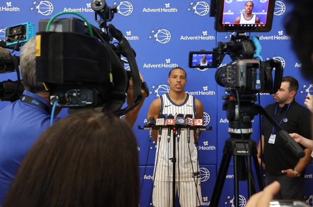 Orlando Magic guard Desmond Bane is introduced during a press...