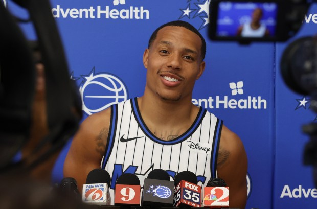 Orlando Magic guard Desmond Bane is introduced during a press...