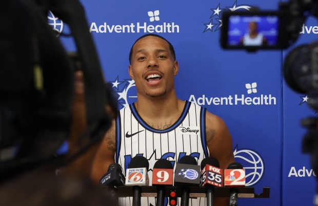 Orlando Magic guard Desmond Bane is introduced during a press...