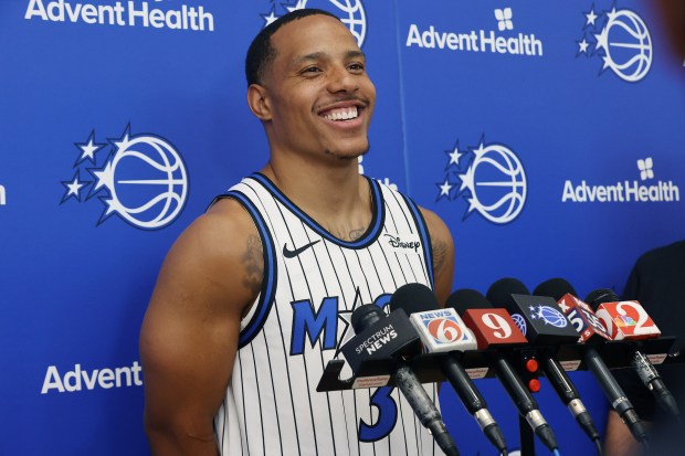 Orlando Magic guard Desmond Bane is introduced during a press...