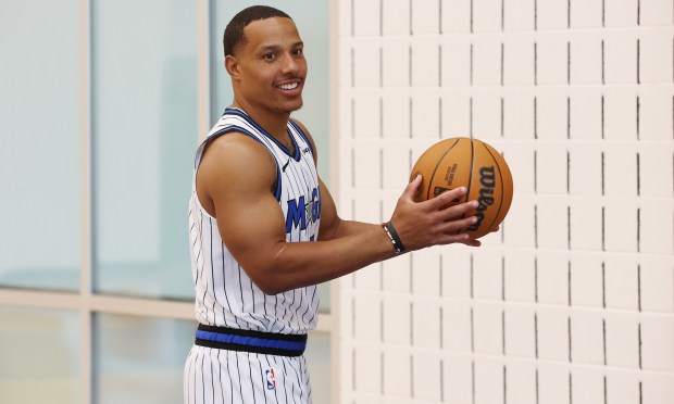 Orlando Magic guard Desmond Bane is introduced during a press...