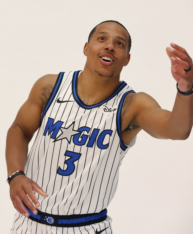 Orlando Magic guard Desmond Bane is introduced during a press...