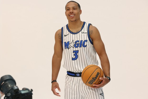 Orlando Magic guard Desmond Bane is introduced during a press...