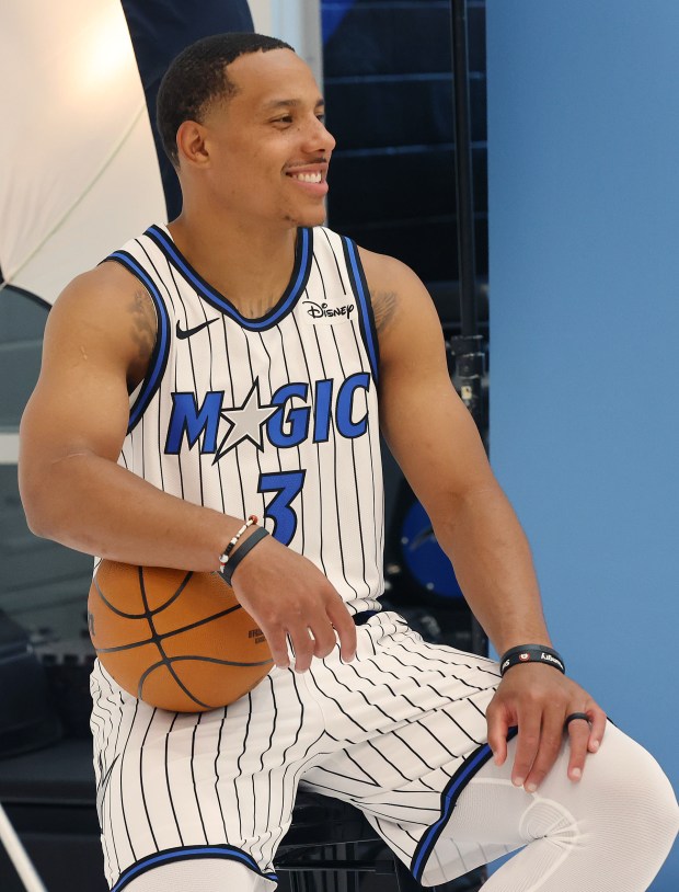 Orlando Magic guard Desmond Bane is introduced during a press...