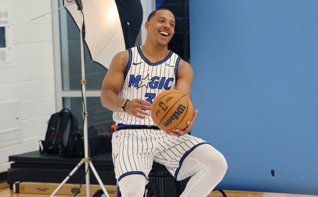 Orlando Magic guard Desmond Bane is introduced during a press...