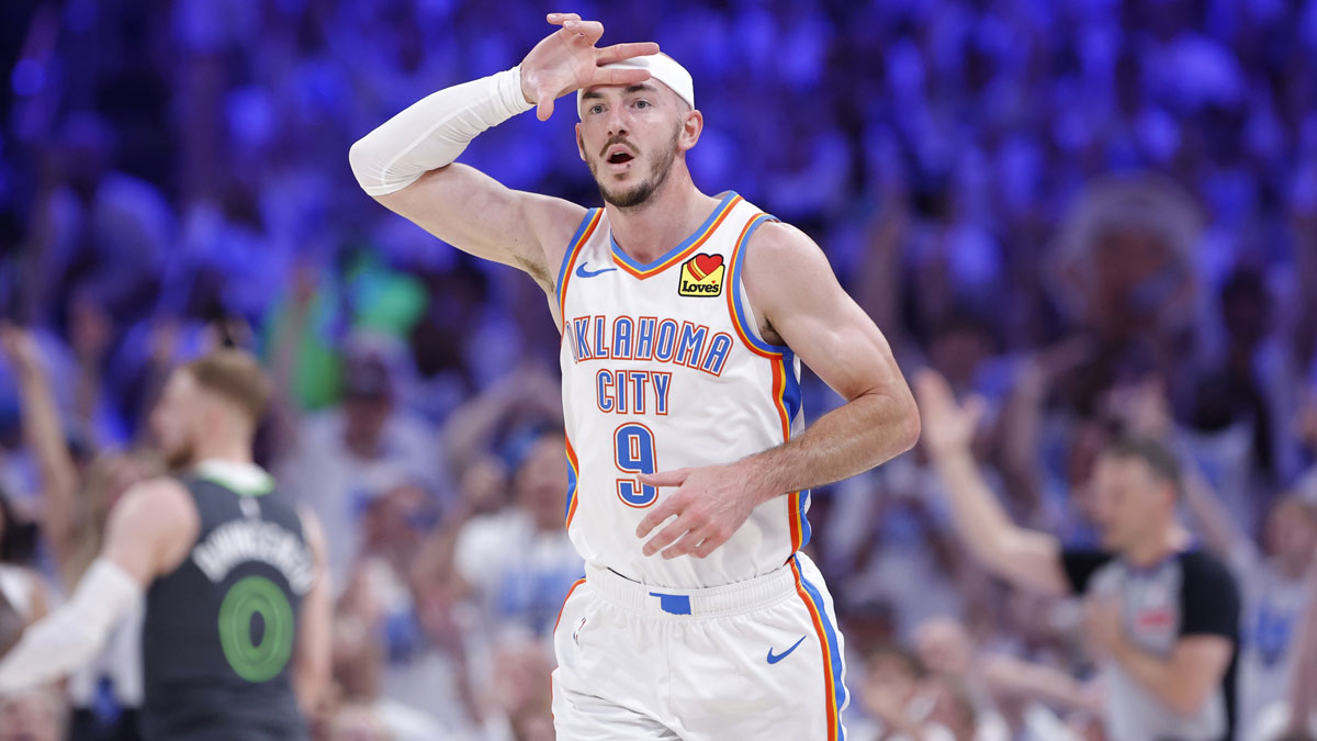 Thunder guard Alex Caruso (9) reacts after scoring a three point basket against the Minnesota Timberwolves in the second quarter during game one of the western conference finals for the 2025 NBA Playoffs at Paycom Center