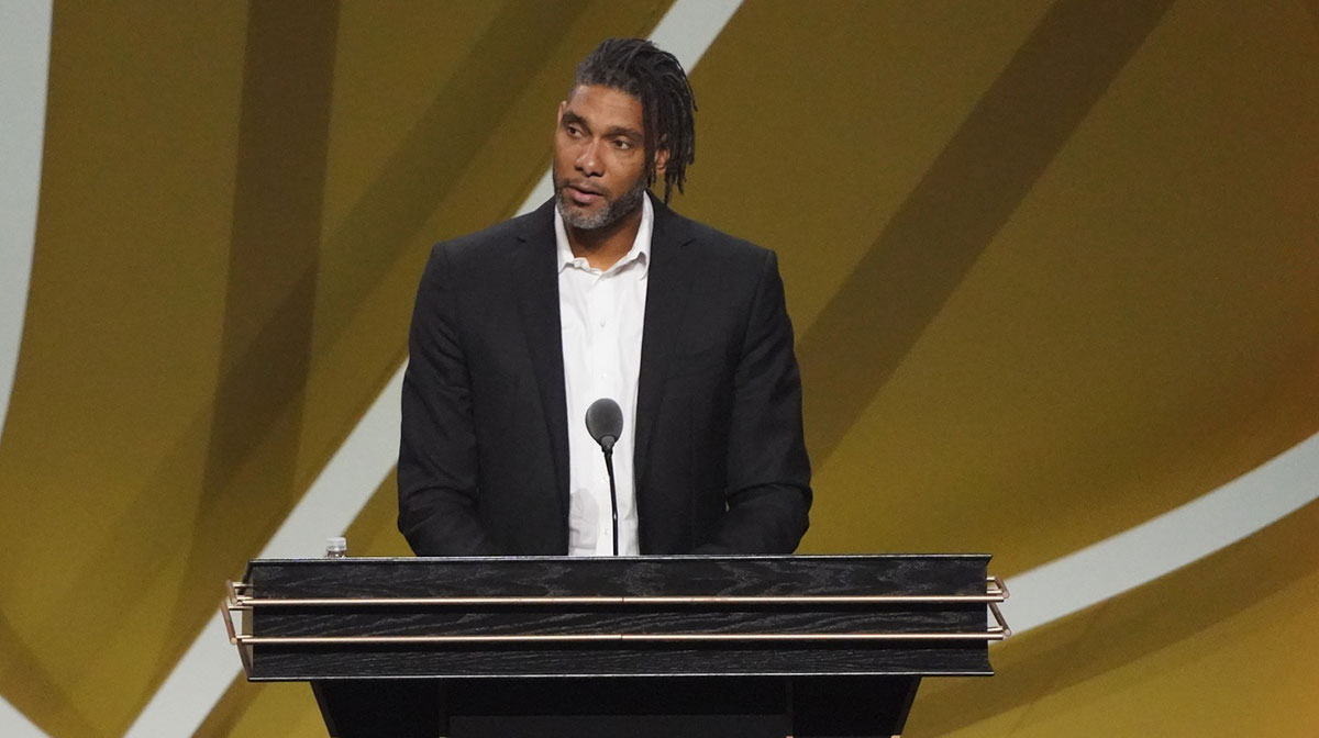 Class of 2020 inductee Tim Duncan speaks during the Naismith Memorial Basketball Hall of Fame Enshrinement ceremony at Mohegan Sun Arena.