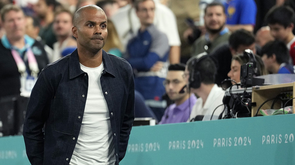 Former NBA player Tony Parker looks on during the first half between France and Germany in a men's basketball semifinal game during the Paris 2024 Olympic Summer Games at Accor Arena.
