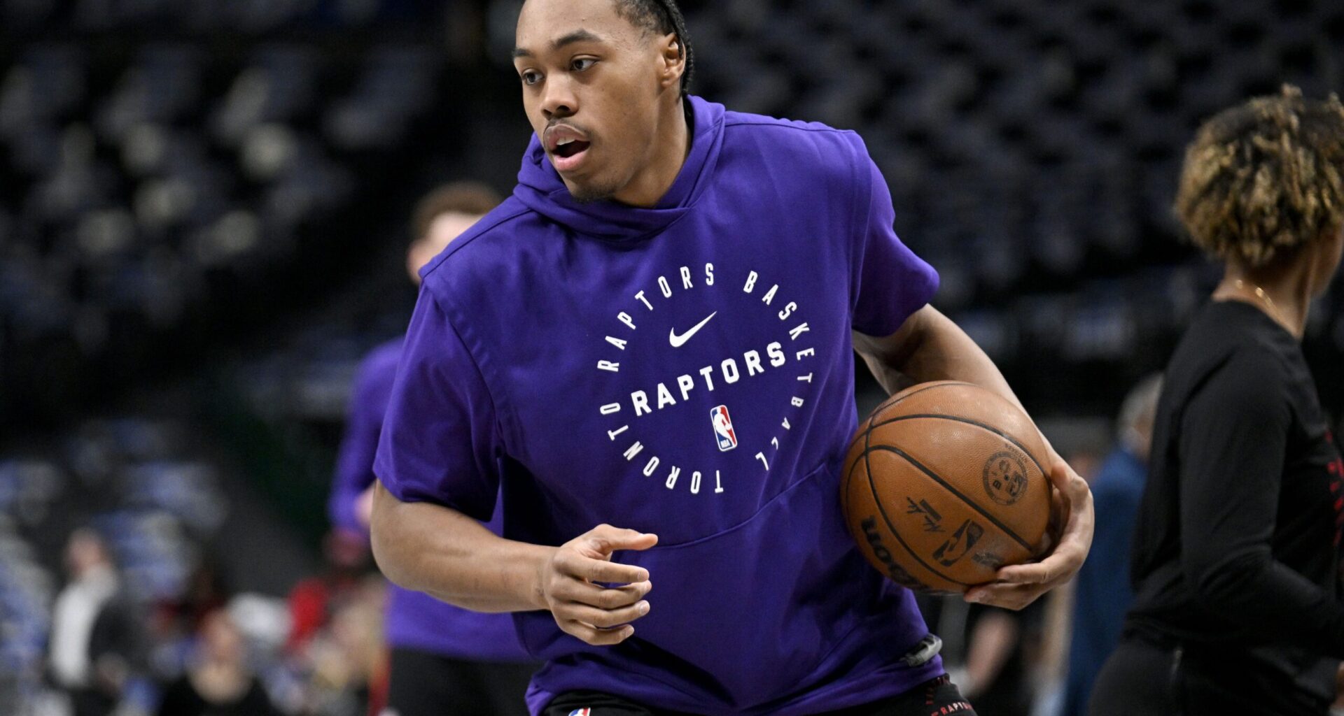 Toronto Raptors guard RJ Barrett (9) warms up before the game against the Dallas Mavericks at the American Airlines Center.