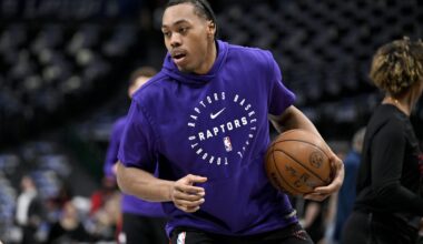 Toronto Raptors guard RJ Barrett (9) warms up before the game against the Dallas Mavericks at the American Airlines Center.