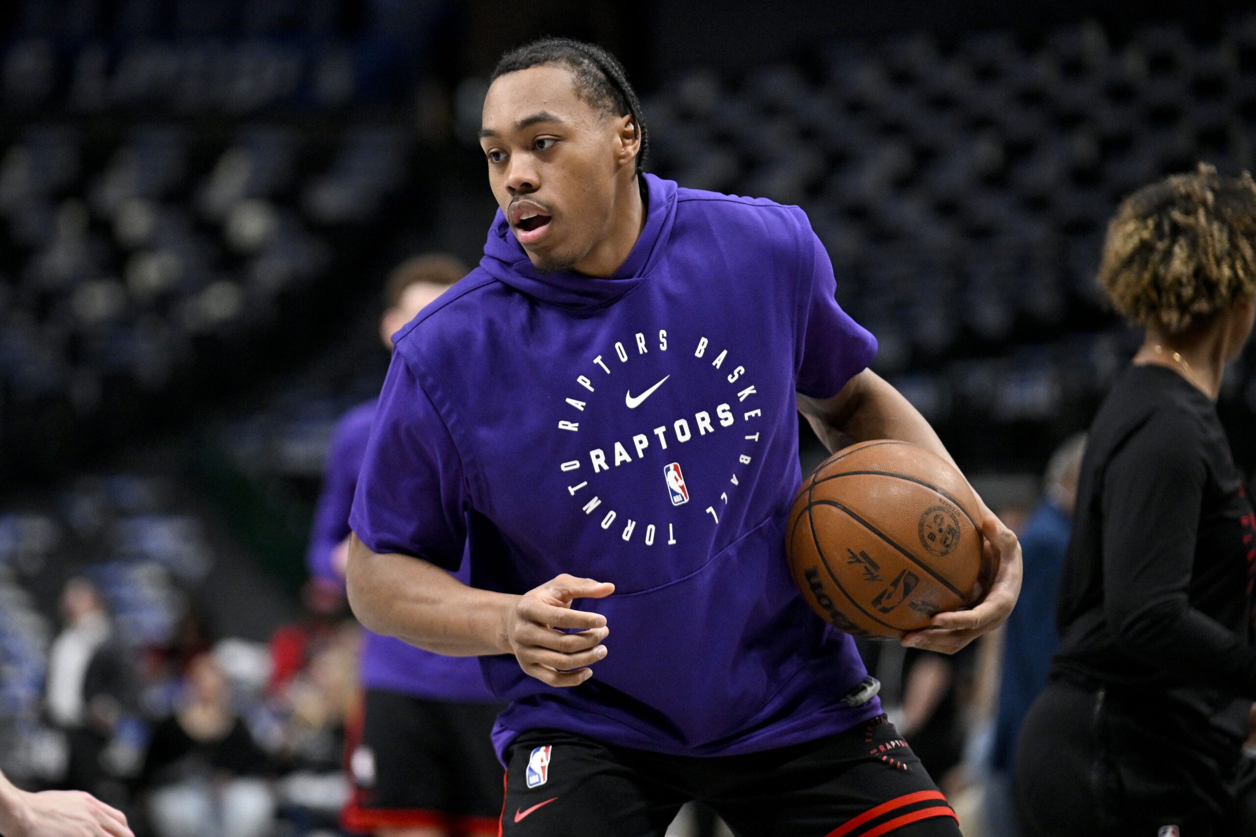 Toronto Raptors guard RJ Barrett (9) warms up before the game against the Dallas Mavericks at the American Airlines Center.