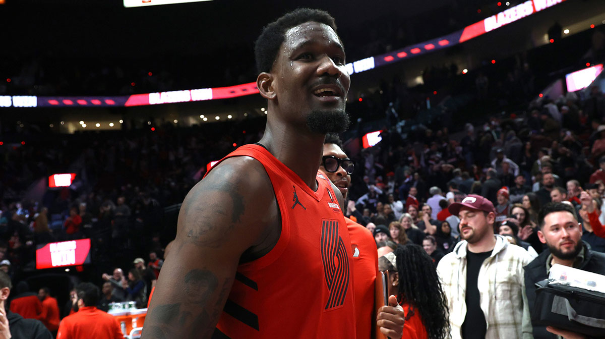 Trail Blazers center Deandre Ayton (2) reacts after helping secure a 121-119 overtime win against the Phoenix Suns at Moda Center
