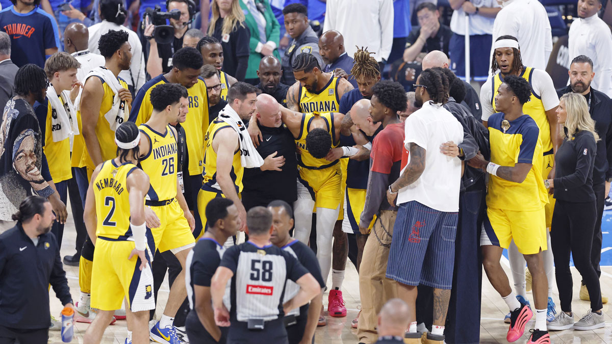 Indiana Pacers star Tyrese Haliburton after his Game 7 injury in the NBA Finals against the Oklahoma City Thunder, which WWE Superstar Bronson Reed reacted to.