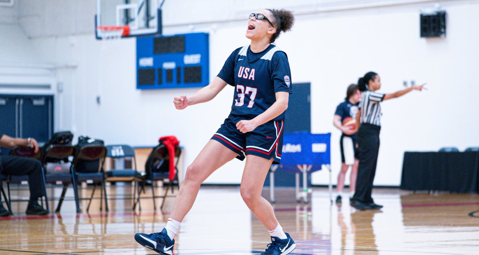 TCU basketball star Olivia Miles celebrates a play during a 2025 USA Basketball training session.