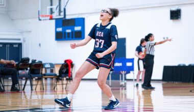 TCU basketball star Olivia Miles celebrates a play during a 2025 USA Basketball training session.