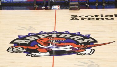 A general view of the Toronto Raptors court logo before a game against the Orlando Magic at Scotiabank Arena.