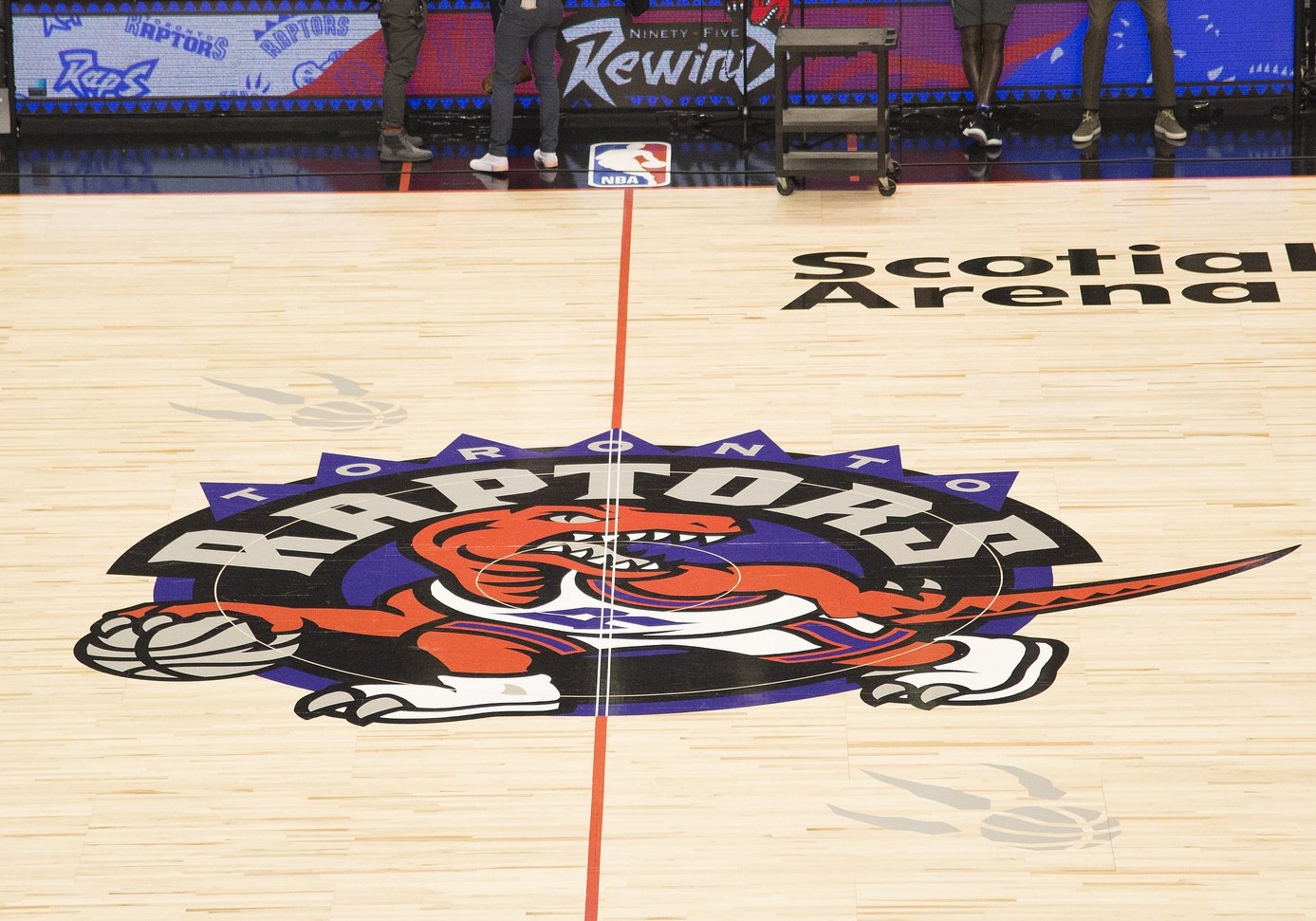 A general view of the Toronto Raptors court logo before a game against the Orlando Magic at Scotiabank Arena.