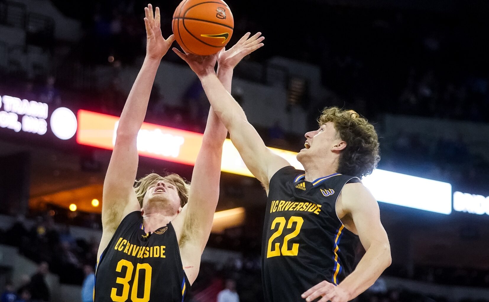 Nov 17, 2022; Omaha, Nebraska, USA; UC Riverside Highlanders forwards Lachlan Olbrich (30) and Luke Turner (22) go up for a rebound during the second half against the Creighton Bluejays at CHI Health Center Omaha. Mandatory Credit: Dylan Widger-USA TODAY Sports