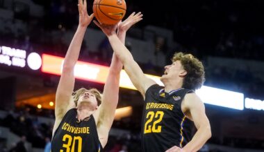 Nov 17, 2022; Omaha, Nebraska, USA; UC Riverside Highlanders forwards Lachlan Olbrich (30) and Luke Turner (22) go up for a rebound during the second half against the Creighton Bluejays at CHI Health Center Omaha. Mandatory Credit: Dylan Widger-USA TODAY Sports