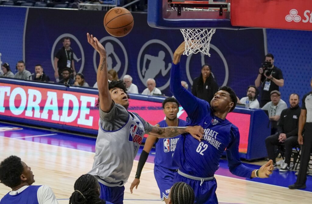 May 15, 2024; Chicago, IL, USA; Ulrich Chomche (62) and Izane Almansa (60) participate during the 2024 NBA Draft Combine at Wintrust Arena. Mandatory Credit: David Banks-USA TODAY Sports
