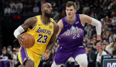 Feb 12, 2025; Salt Lake City, Utah, USA; Los Angeles Lakers forward LeBron James (23) dribbles past Utah Jazz center Walker Kessler (24) during the first quarter at Delta Center. Mandatory Credit: Chris Nicoll-Imagn Images