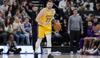 Feb 12, 2025; Salt Lake City, Utah, USA; Los Angeles Lakers guard Luka Doncic (77) dribbles during the second quarter against the Utah Jazz at Delta Center. Mandatory Credit: Chris Nicoll-Imagn Images