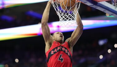 Mar 30, 2025; Philadelphia, Pennsylvania, USA; Toronto Raptors forward Scottie Barnes (4) dunks the ball against the Philadelphia 76ers during the third quarter at Wells Fargo Center. Mandatory Credit: Bill Streicher-Imagn Images