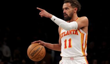 Apr 10, 2025; Brooklyn, New York, USA; Atlanta Hawks guard Trae Young (11) controls the ball against the Brooklyn Nets during the third quarter at Barclays Center. Mandatory Credit: Brad Penner-Imagn Images