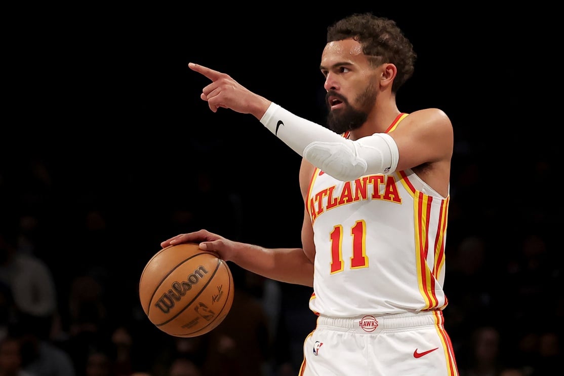 Apr 10, 2025; Brooklyn, New York, USA; Atlanta Hawks guard Trae Young (11) controls the ball against the Brooklyn Nets during the third quarter at Barclays Center. Mandatory Credit: Brad Penner-Imagn Images