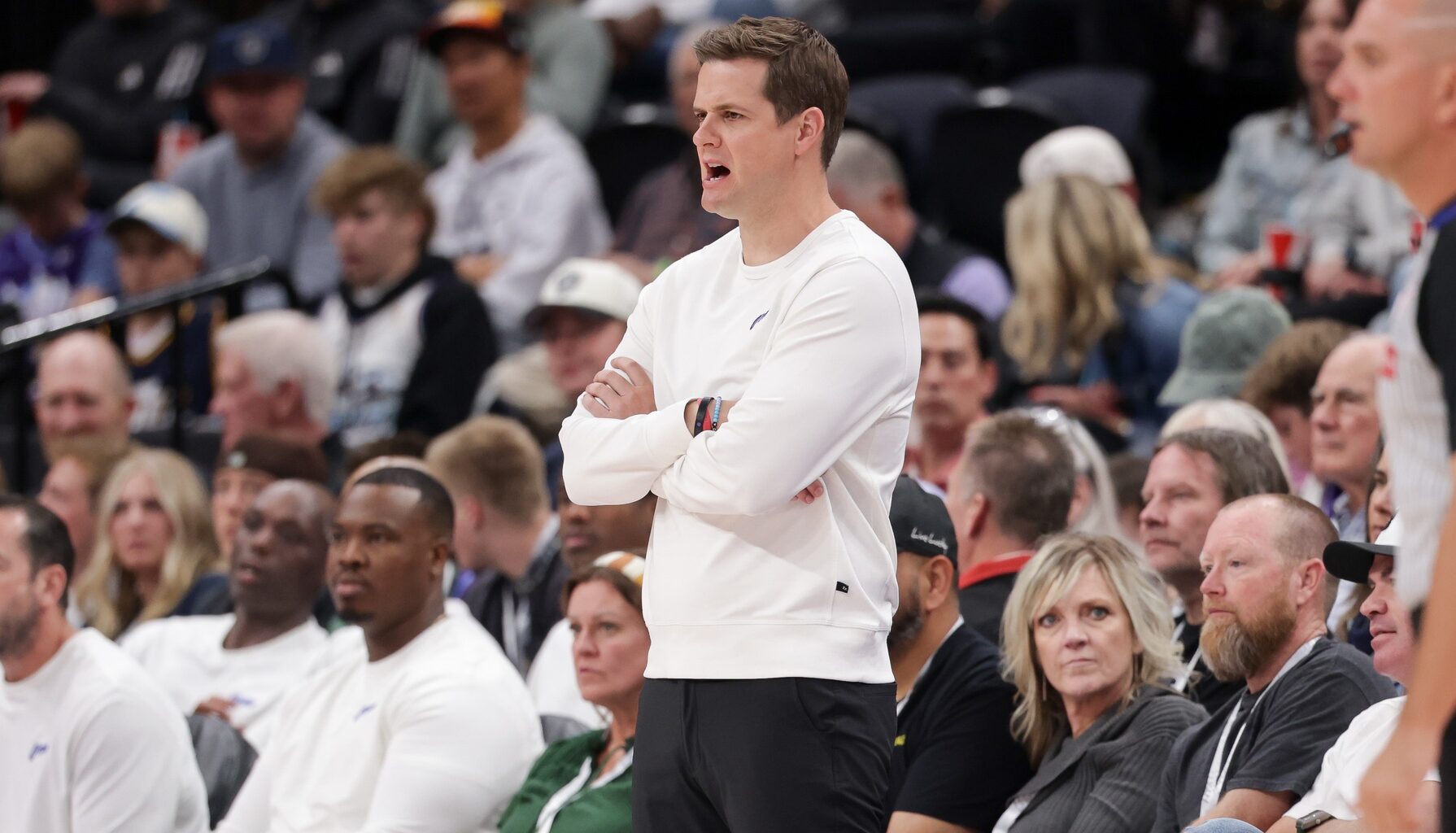 Utah Jazz head coach Will Hardy watches his team during the first quarter against the Oklahoma City Thunder at Delta Center.