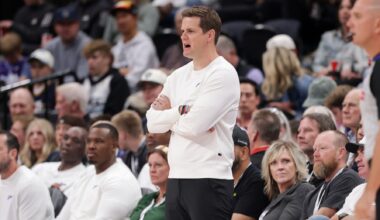 Utah Jazz head coach Will Hardy watches his team during the first quarter against the Oklahoma City Thunder at Delta Center.